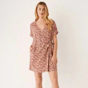 FRANK & OAK PINK GREEN COLORFUL FLORAL SHORT SLEEVE WRAP DRESS - M